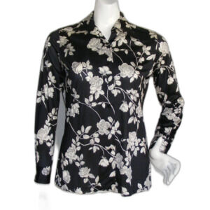 PYKETTES Blouse, M, Black, White Floral, Long Sleeves, Dagger Collar, Vintage